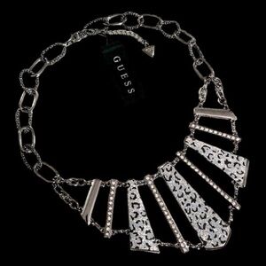 NEW Guess Leopard Statement Necklace Bib Style Silver Rhinestone Black Harley
